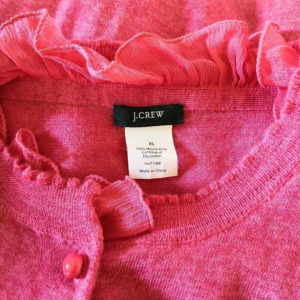 J. Crew 100% Merino Wool Chiffon Ruffle Trim Cardigan Sweater Raspberry Size XL - Picture 6 of 7